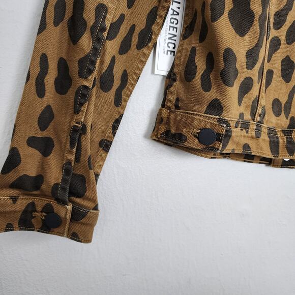 L'Agence Celine Slim Fit Leopard Print Cropped Denim Jacket Camel S NWT - Picture 15 of 16